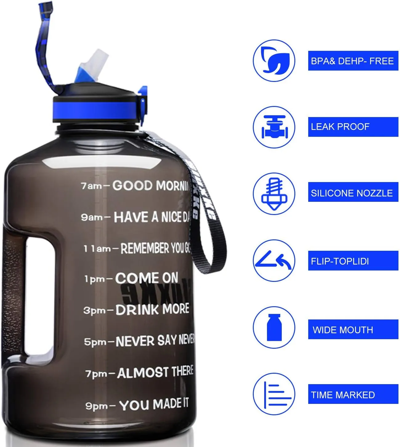 1 Gallon Motivational Sports Water Bottle with Time Marker, BPA Free 128oz Leak Proof Jug, Black, Plastic, 128 ounces, Fitness, Sports, Outdoor Activities