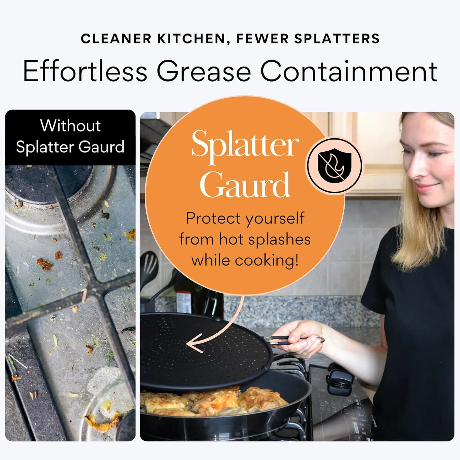 Beckon Ware | USA Brand | 11-Inch Black, Fit Pans (6" to 11") Silicone Grease Splatter Guard for Frying Pan and Stove