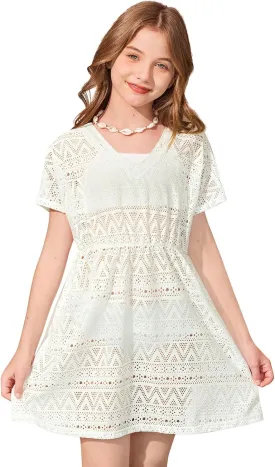 BesserBay Girls Summer Crochet Bat Sleeve Hollow Out Sheer Swimsuit A-line Hem Loose Fit Quickly Dry Coverups 5-14 Years
