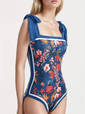 Blue floral reversible one piece swimsuit