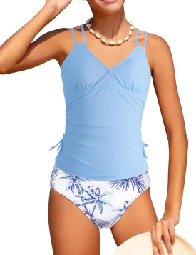 Girls Swimsuit 2 Piece Bikini Set Tropical Print Girls Bathing Suit Adjustable Straps 7-16T