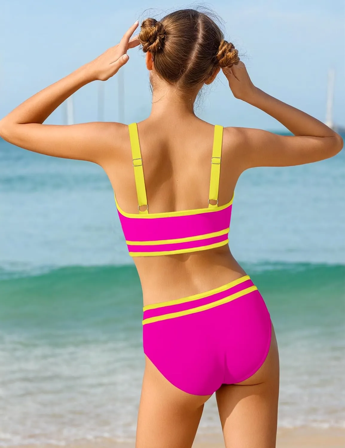 Girls Swimsuit Double Strap High Waist Sporty Bikini Swimsuits Swim Cover Up Skirt 3 Piece Set