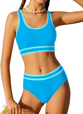 Girls Swimsuit Double Strap High Waist Sporty Bikini Swimsuits Swim Cover Up Skirt 3 Piece Set