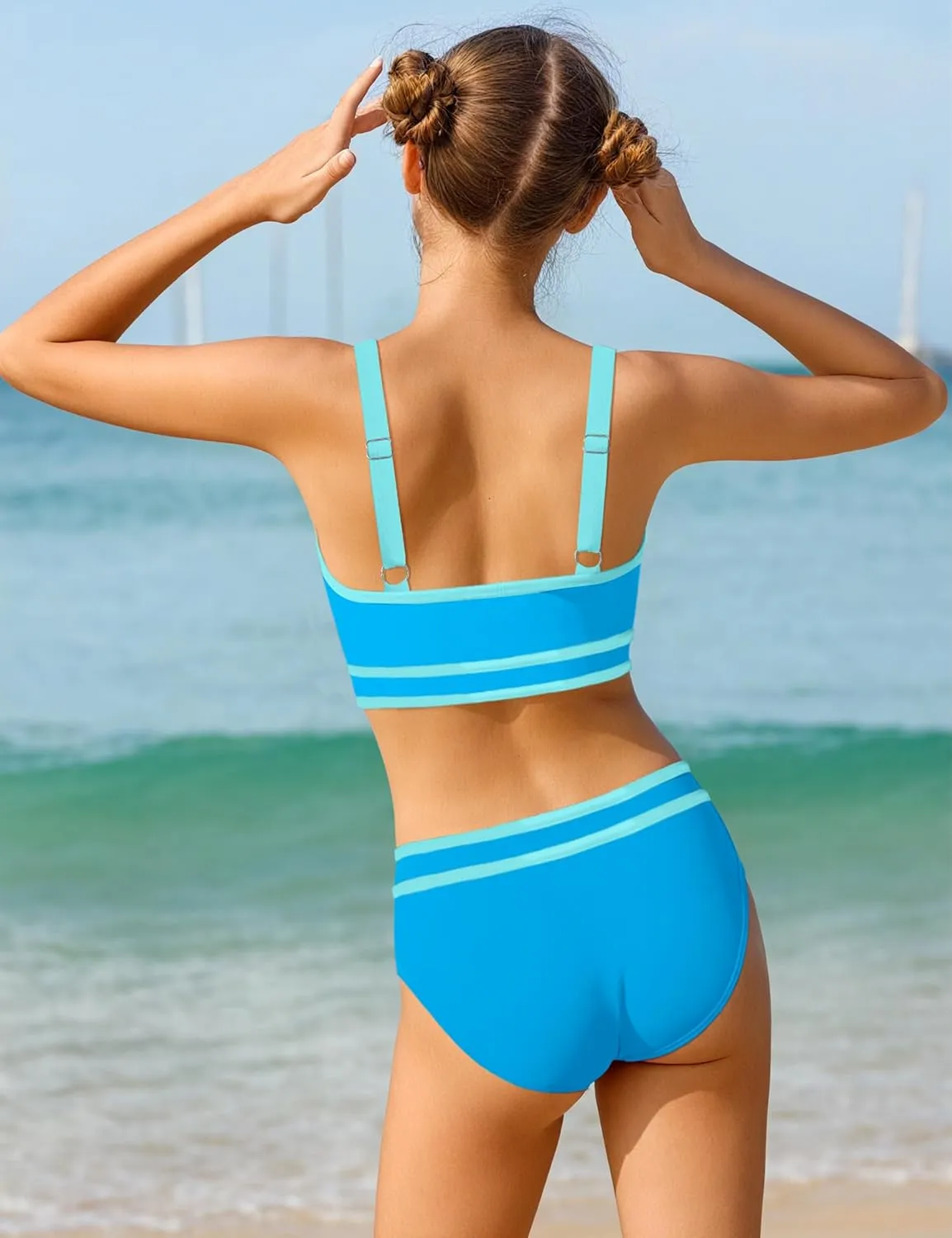 Girls Swimsuit Double Strap High Waist Sporty Bikini Swimsuits Swim Cover Up Skirt 3 Piece Set