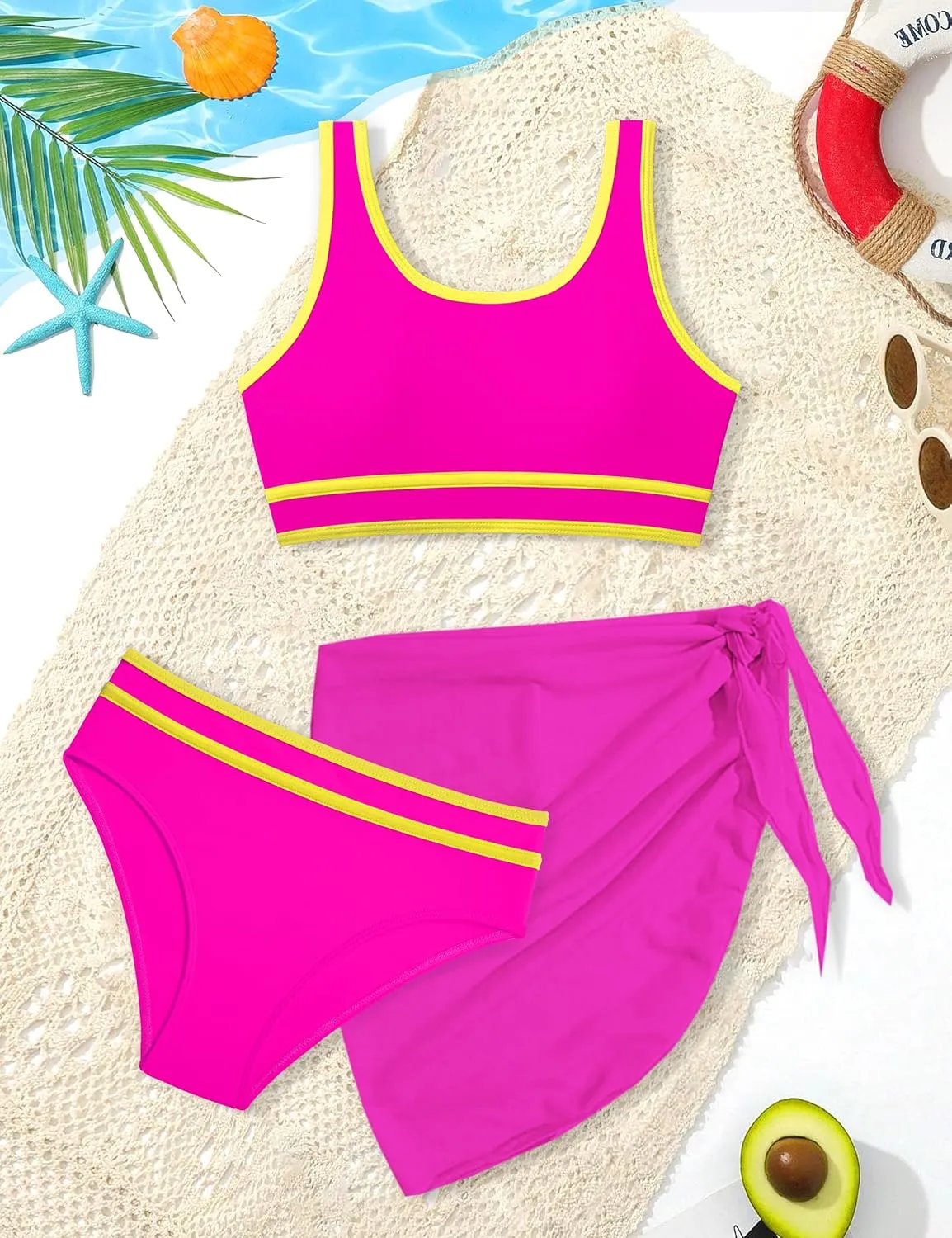 Girls Swimsuit Double Strap High Waist Sporty Bikini Swimsuits Swim Cover Up Skirt 3 Piece Set
