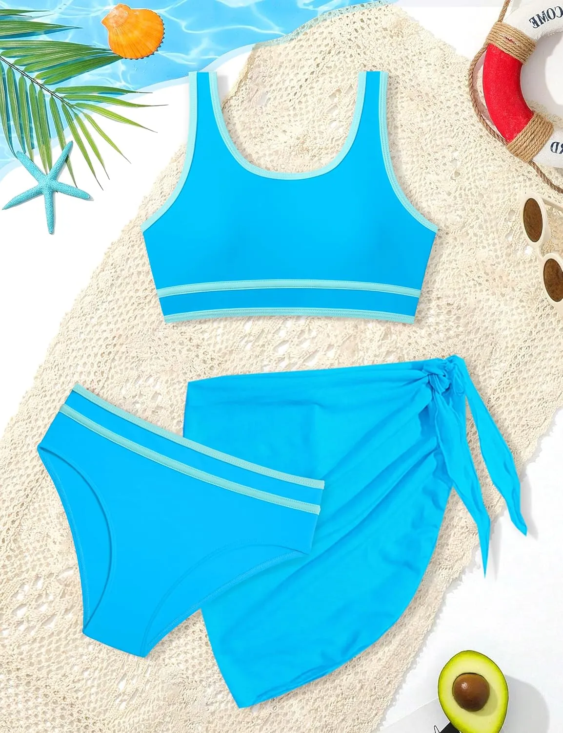 Girls Swimsuit Double Strap High Waist Sporty Bikini Swimsuits Swim Cover Up Skirt 3 Piece Set