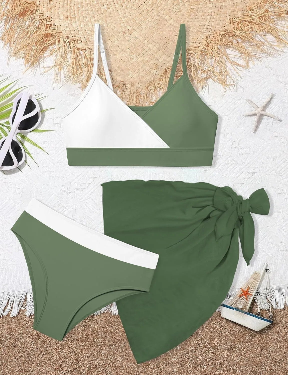 Girls Swimsuit V Neck Bikini Set Color Block with Cover Up 3Pcs Bathing Suits