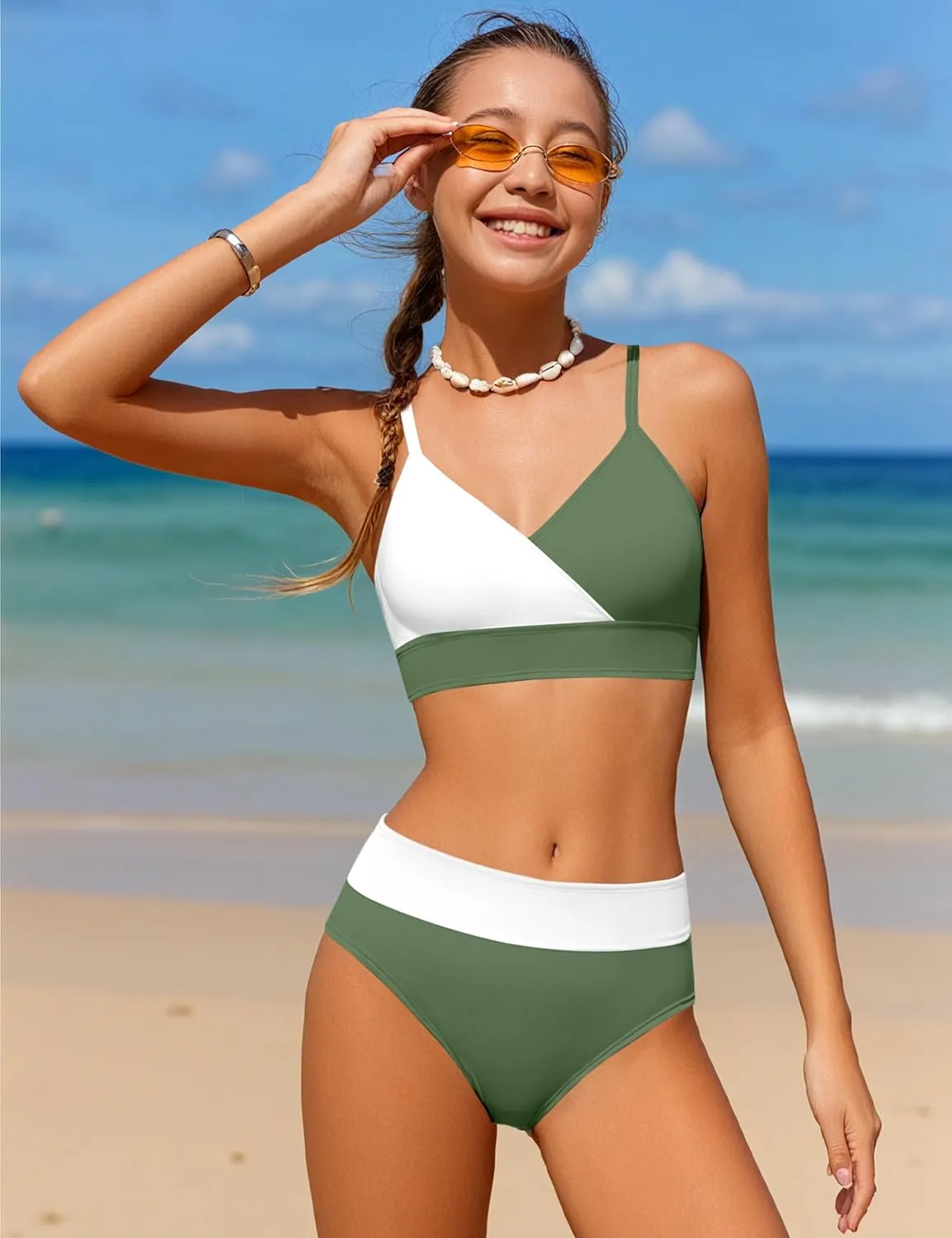 Girls Swimsuit V Neck Bikini Set Color Block with Cover Up 3Pcs Bathing Suits