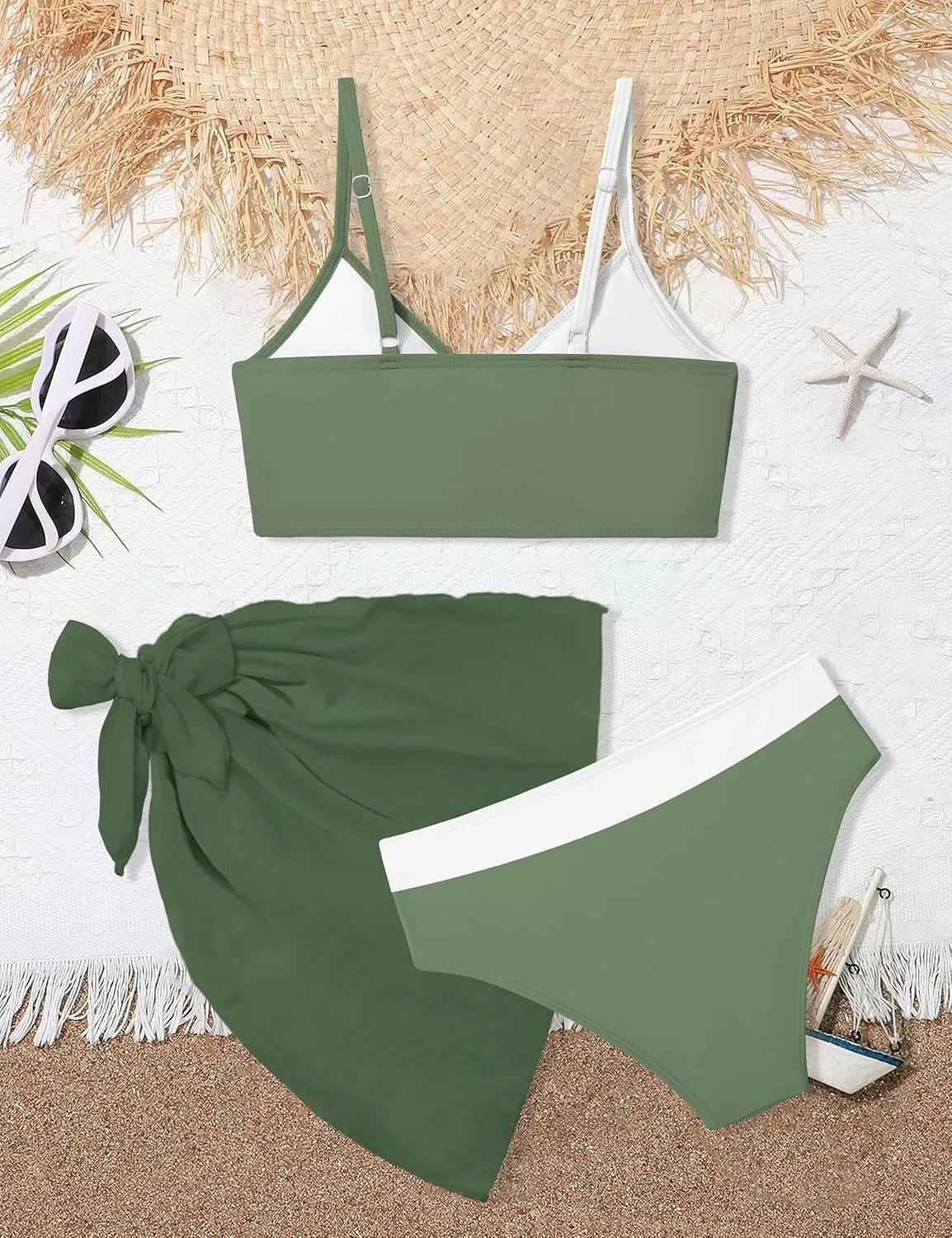 Girls Swimsuit V Neck Bikini Set Color Block with Cover Up 3Pcs Bathing Suits