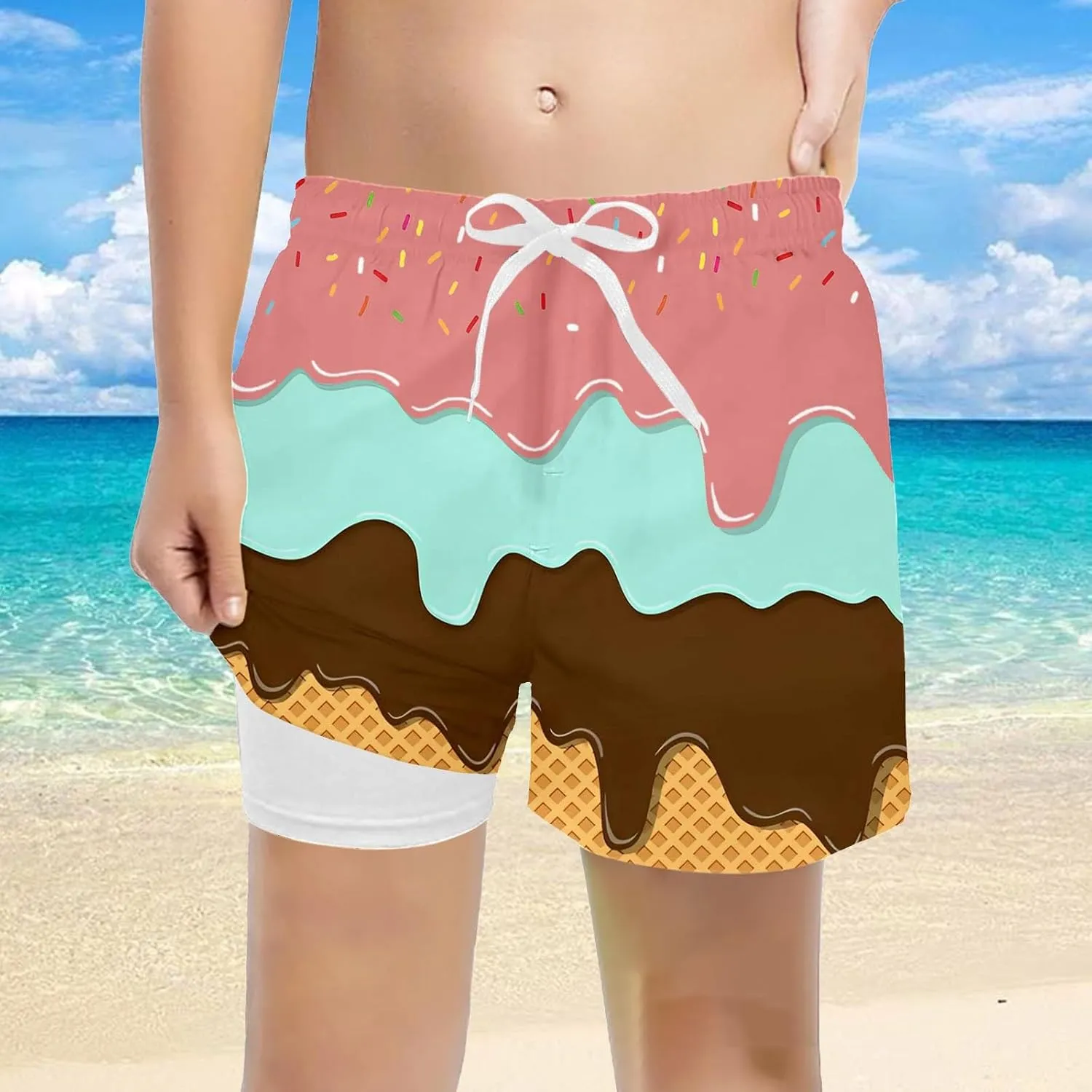 Ice Cream Boy Swim Trunks with Compression Liner Quick Dry Bathing Suit Swimsuit,Toddler Beach Board Shorts 5-16Years