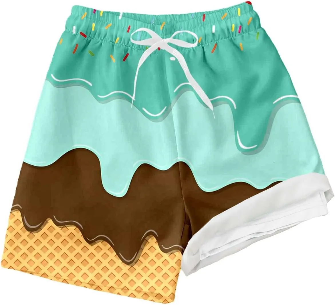 Ice Cream Boy Swim Trunks with Compression Liner Quick Dry Bathing Suit Swimsuit,Toddler Beach Board Shorts 5-16Years