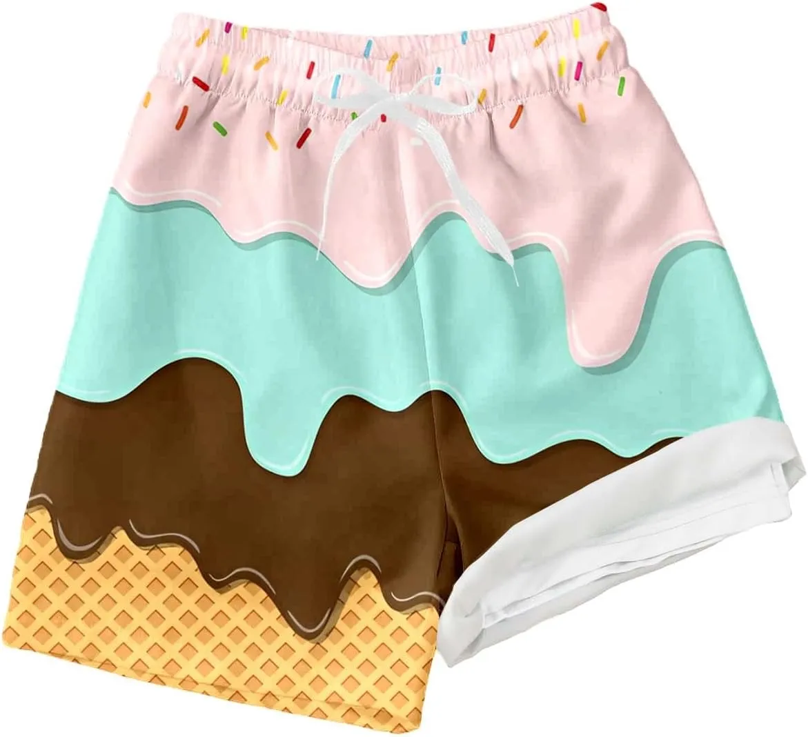 Ice Cream Boy Swim Trunks with Compression Liner Quick Dry Bathing Suit Swimsuit,Toddler Beach Board Shorts 5-16Years