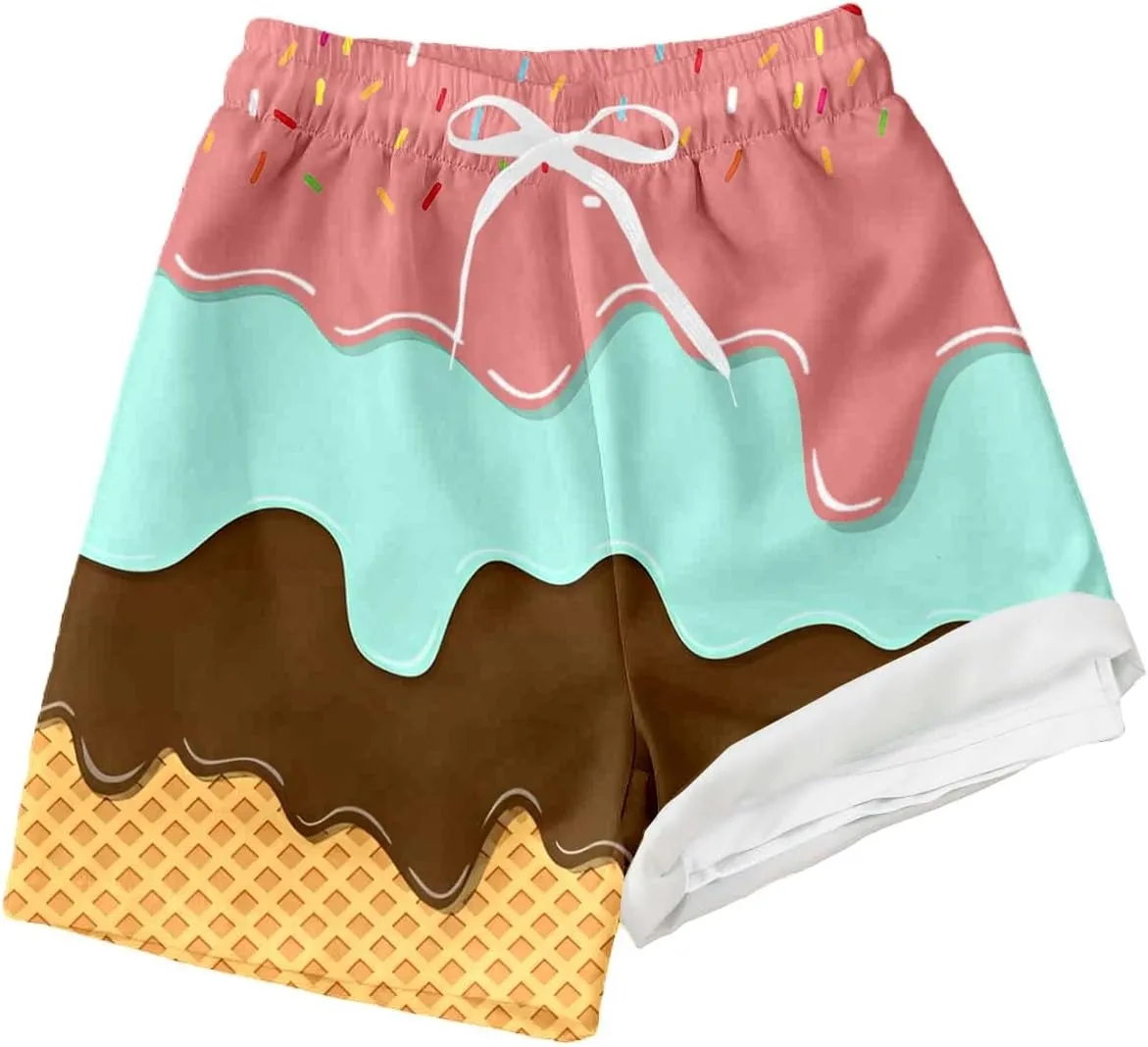 Ice Cream Boy Swim Trunks with Compression Liner Quick Dry Bathing Suit Swimsuit,Toddler Beach Board Shorts 5-16Years