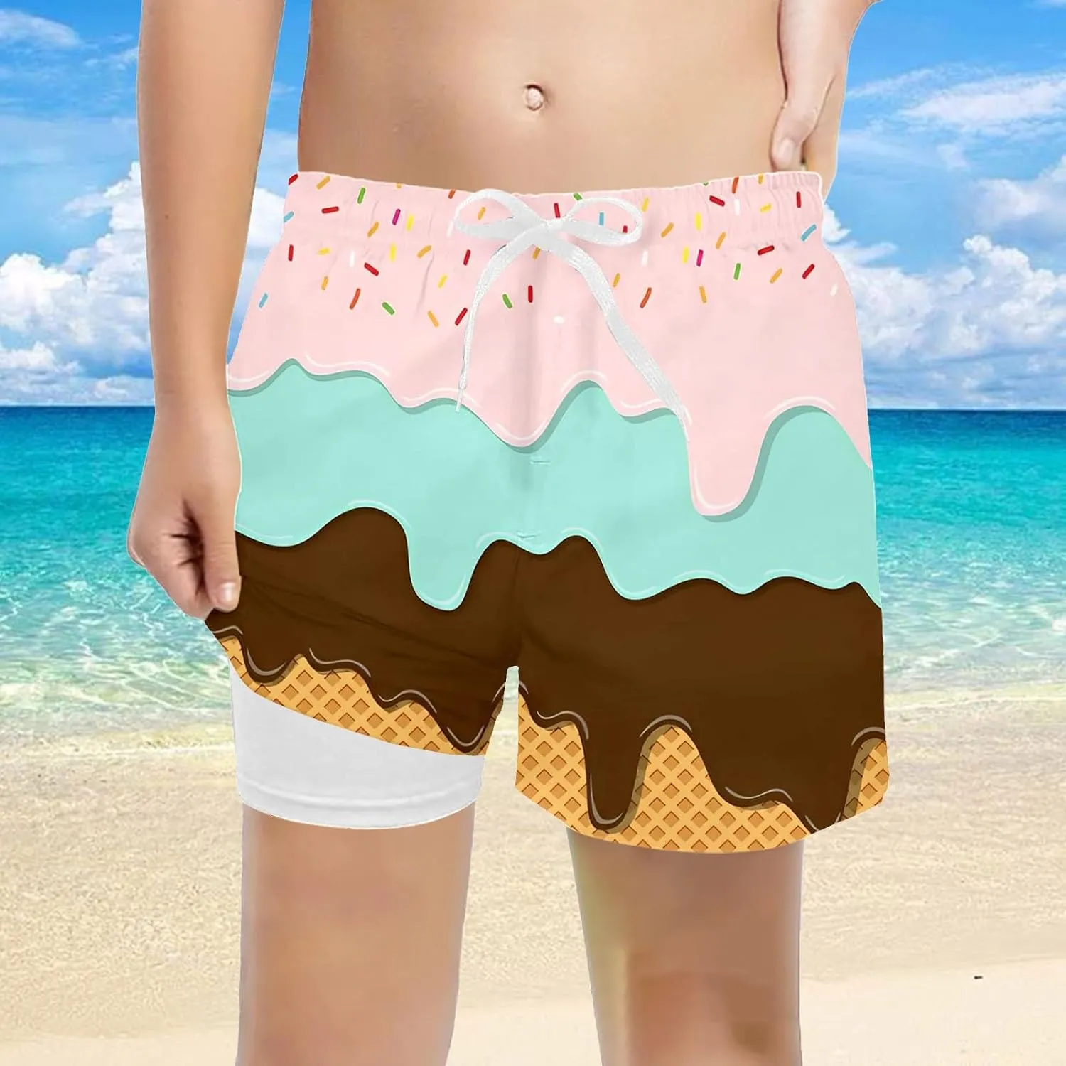 Ice Cream Boy Swim Trunks with Compression Liner Quick Dry Bathing Suit Swimsuit,Toddler Beach Board Shorts 5-16Years