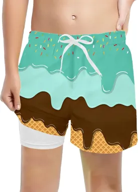Ice Cream Boy Swim Trunks with Compression Liner Quick Dry Bathing Suit Swimsuit,Toddler Beach Board Shorts 5-16Years