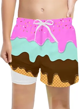 Ice Cream Boy Swim Trunks with Compression Liner Quick Dry Bathing Suit Swimsuit,Toddler Beach Board Shorts 5-16Years