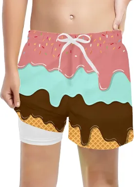 Ice Cream Boy Swim Trunks with Compression Liner Quick Dry Bathing Suit Swimsuit,Toddler Beach Board Shorts 5-16Years