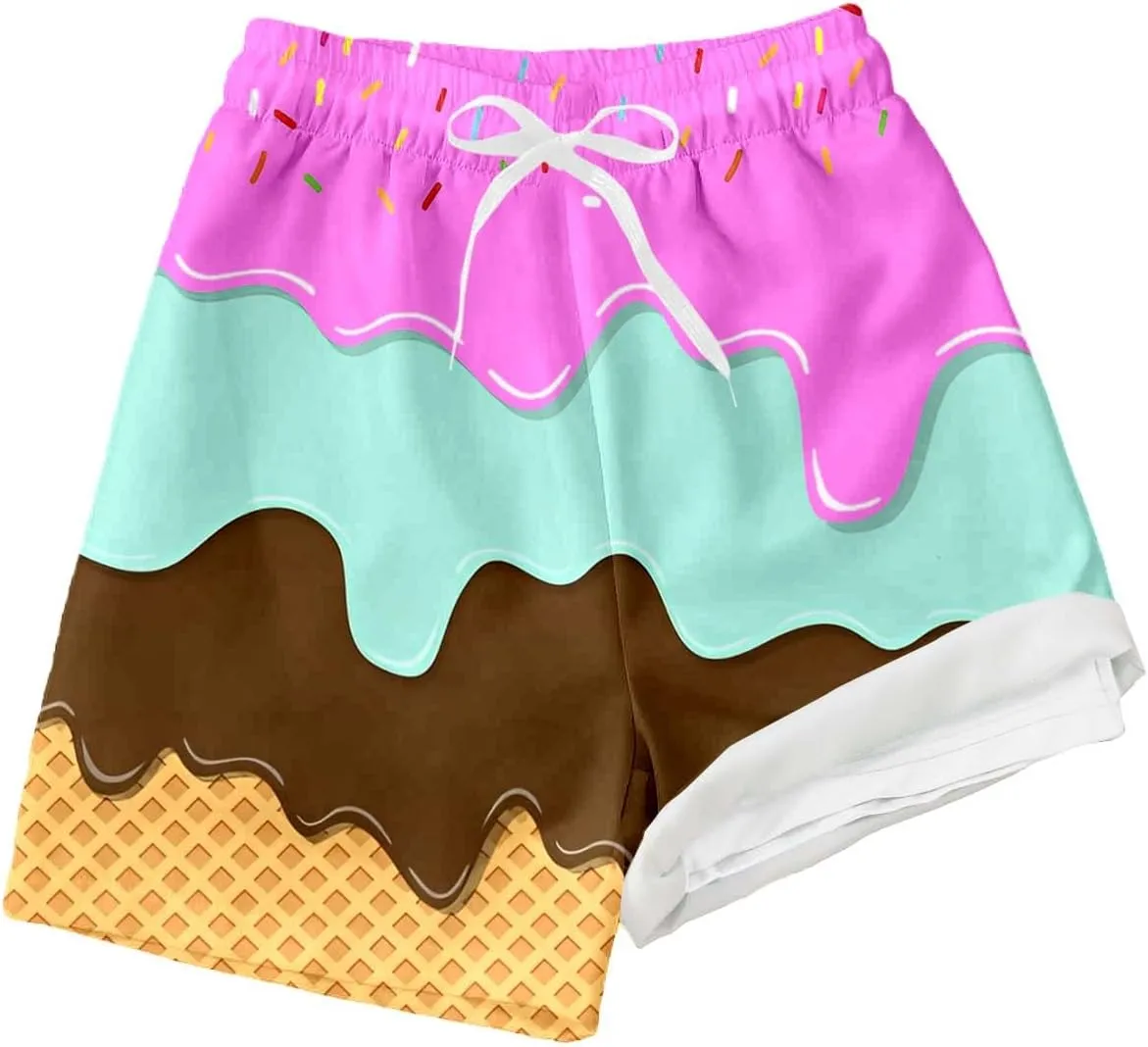 Ice Cream Boy Swim Trunks with Compression Liner Quick Dry Bathing Suit Swimsuit,Toddler Beach Board Shorts 5-16Years