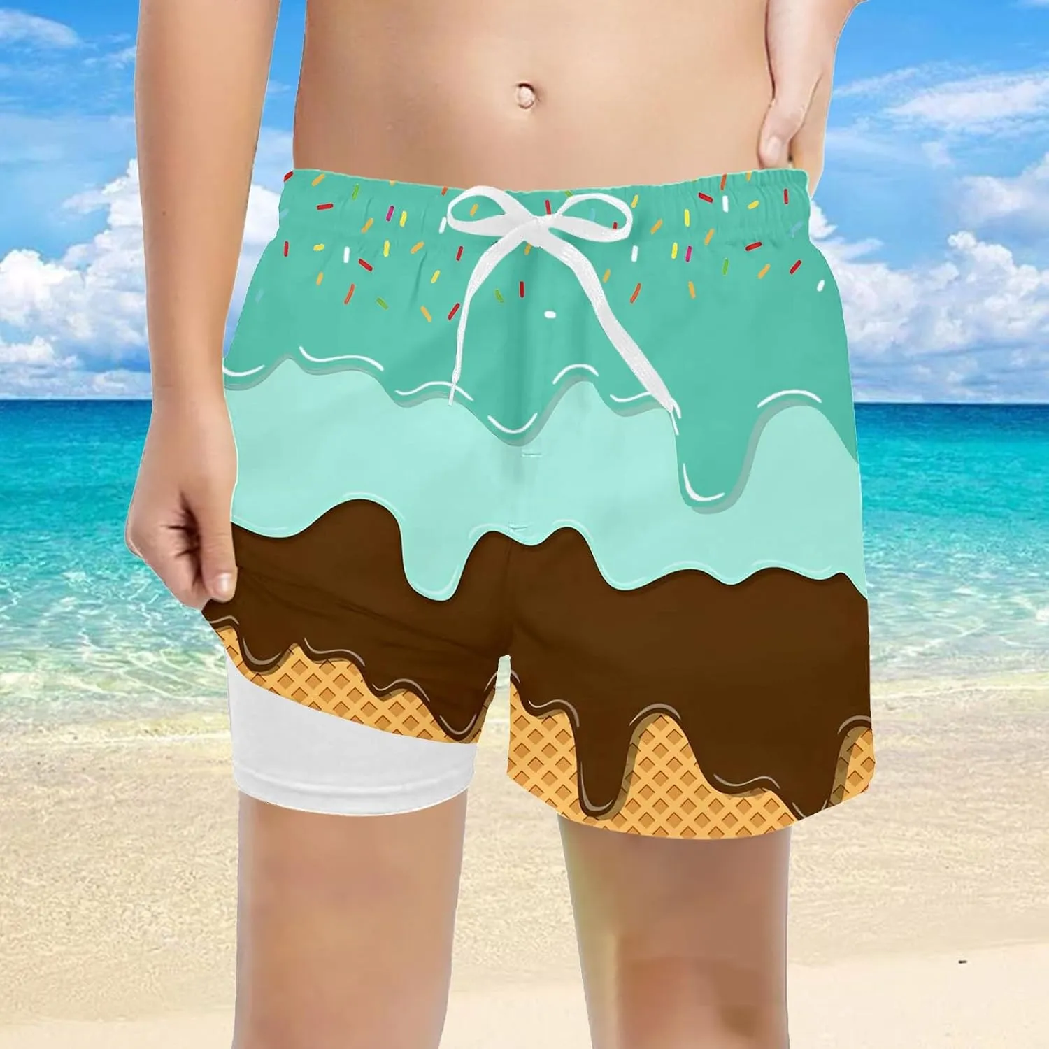 Ice Cream Boy Swim Trunks with Compression Liner Quick Dry Bathing Suit Swimsuit,Toddler Beach Board Shorts 5-16Years