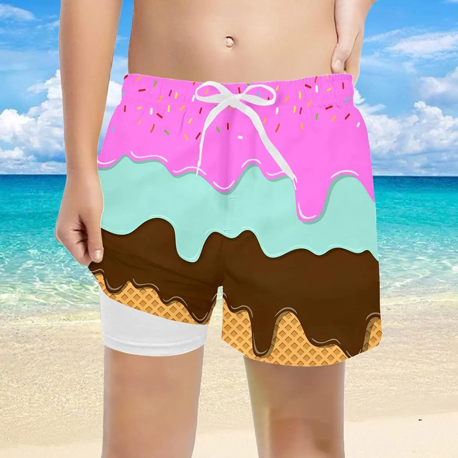 Ice Cream Boy Swim Trunks with Compression Liner Quick Dry Bathing Suit Swimsuit,Toddler Beach Board Shorts 5-16Years