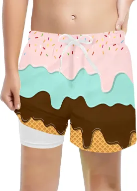 Ice Cream Boy Swim Trunks with Compression Liner Quick Dry Bathing Suit Swimsuit,Toddler Beach Board Shorts 5-16Years