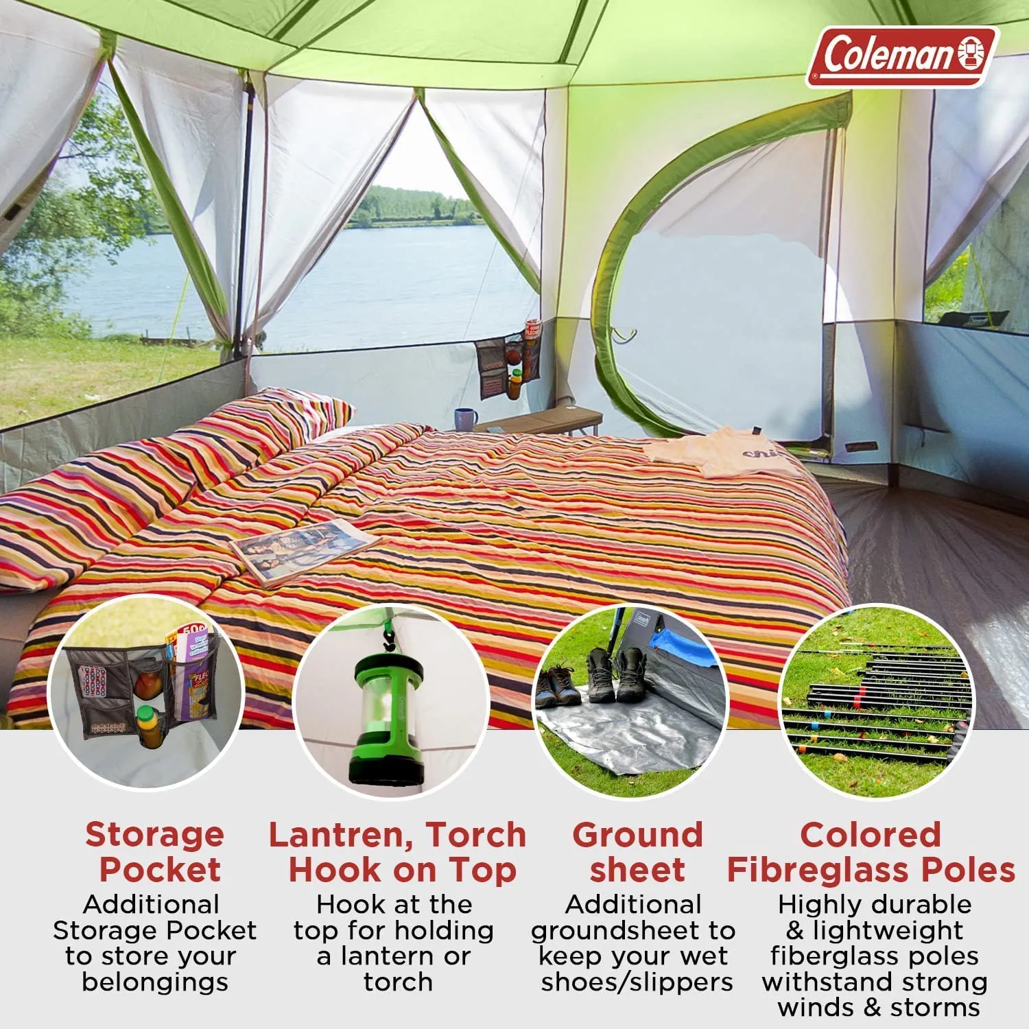 Immerse in Nature with Unmatched Comfort: Coleman Octagon Tent - A Spacious 6-Person Camping Haven, Offering Panoramic Views, Waterproof Protection, and Reliable Steel Pole Construction!