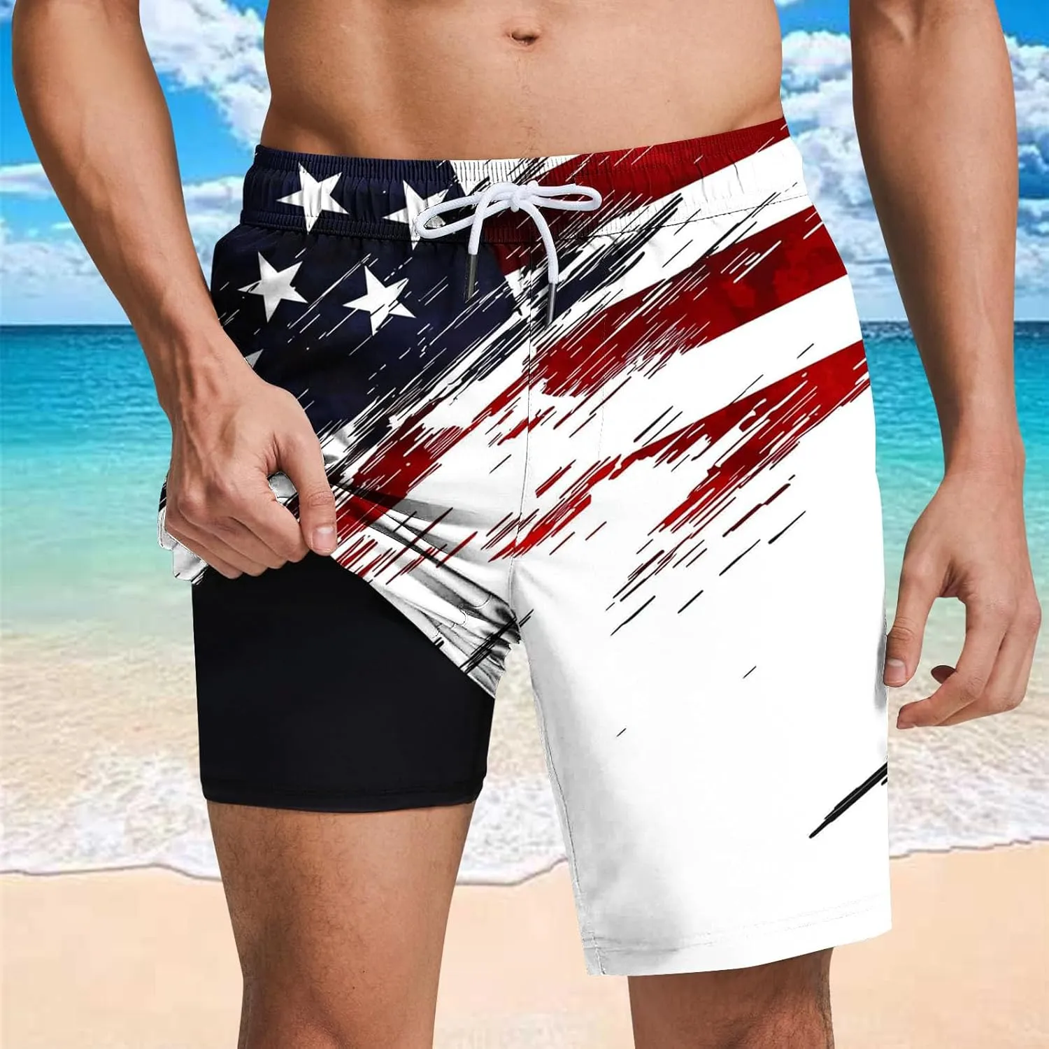 Mens American Flag Swim Trunks with Compression Liner and Pockets USA 4th of July Patriotic 2 in 1 Beach Board Shorts