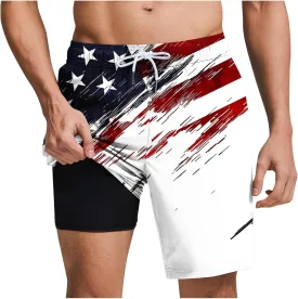 Mens American Flag Swim Trunks with Compression Liner and Pockets USA 4th of July Patriotic 2 in 1 Beach Board Shorts