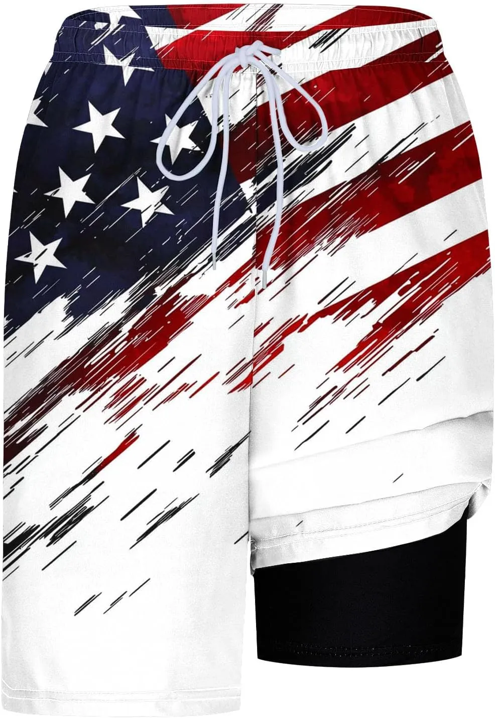 Mens American Flag Swim Trunks with Compression Liner and Pockets USA 4th of July Patriotic 2 in 1 Beach Board Shorts