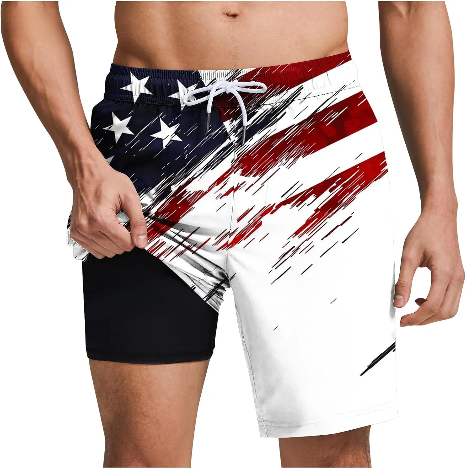 Mens American Flag Swim Trunks with Compression Liner and Pockets USA 4th of July Patriotic 2 in 1 Beach Board Shorts