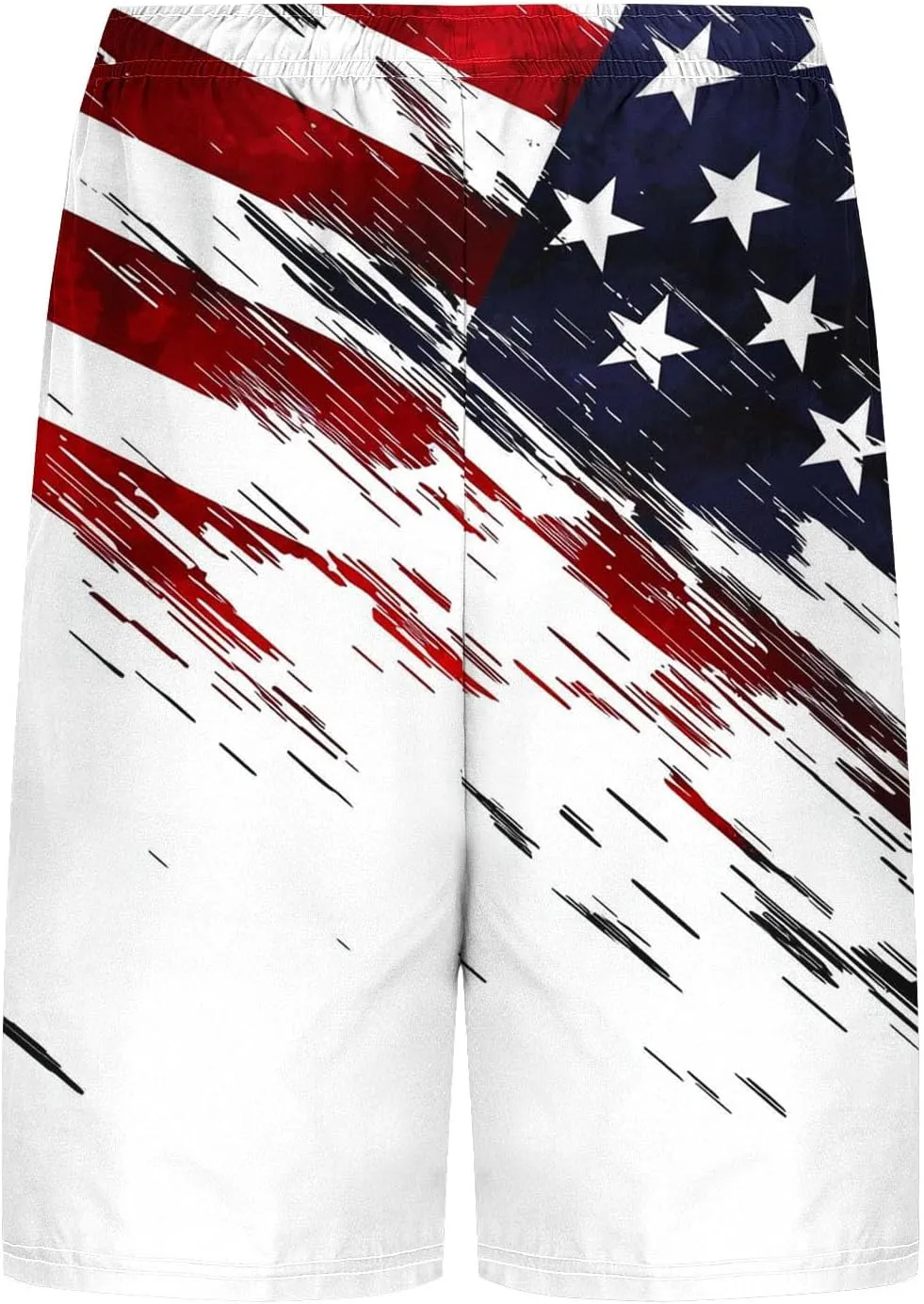 Mens American Flag Swim Trunks with Compression Liner and Pockets USA 4th of July Patriotic 2 in 1 Beach Board Shorts