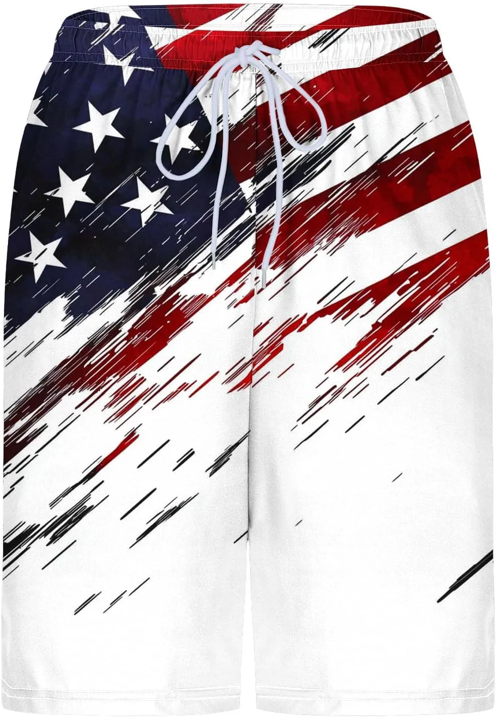 Mens American Flag Swim Trunks with Compression Liner and Pockets USA 4th of July Patriotic 2 in 1 Beach Board Shorts
