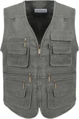 Men's Stone Washed Denim Multi-pocketed Fishing Work Outerwear Vest