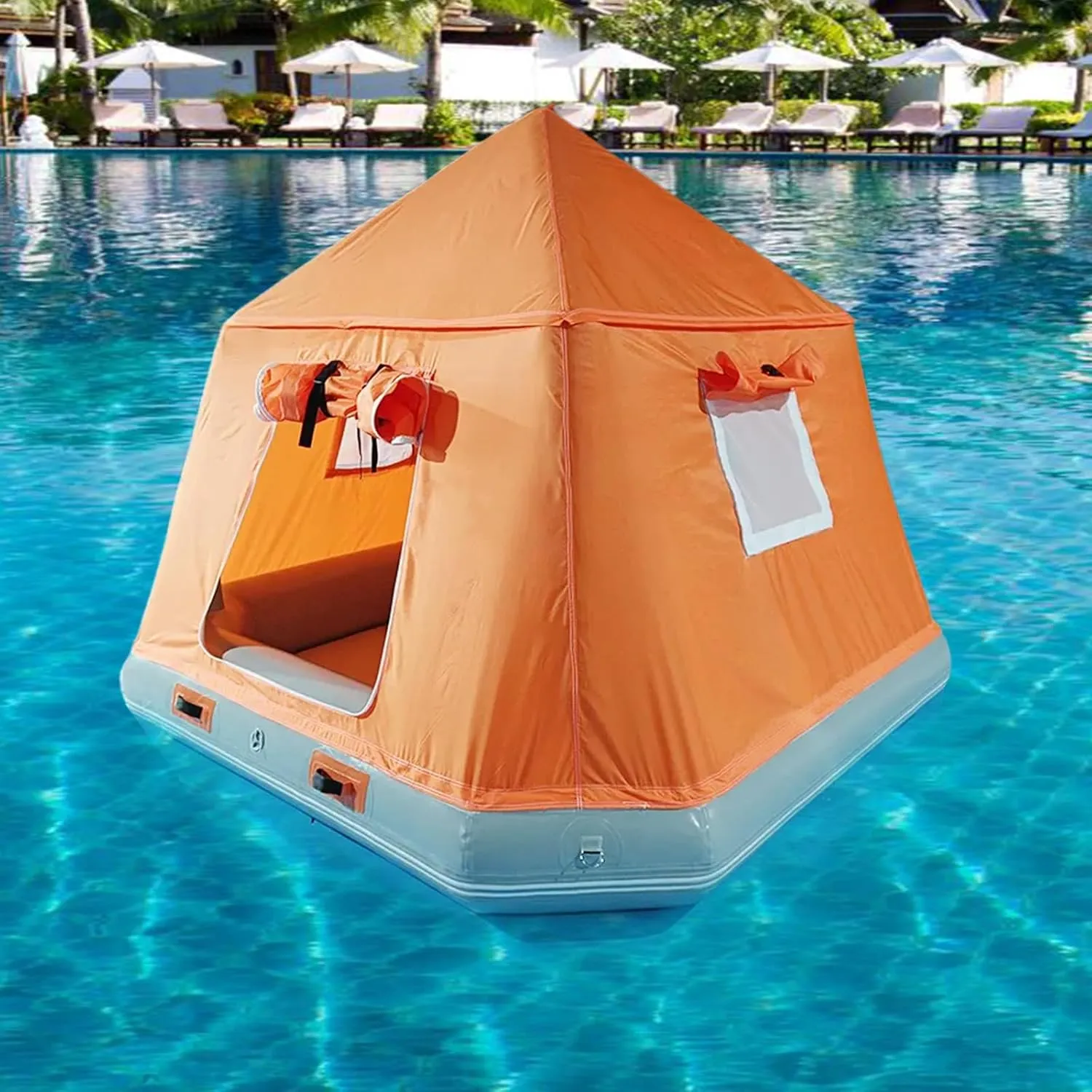 Outdoor Lake Inflatable Floating Tent Camping Fishing Raft Boat Water Shoal Pool Tent Orange,W/8ftH/7.5ft