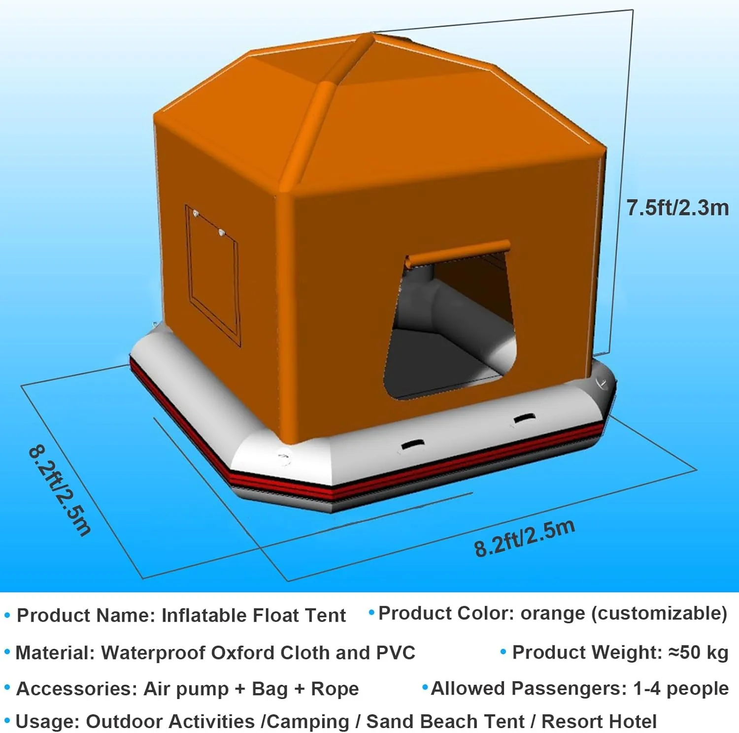 Outdoor Lake Inflatable Floating Tent Camping Fishing Raft Boat Water Shoal Pool Tent Orange,W/8ftH/7.5ft