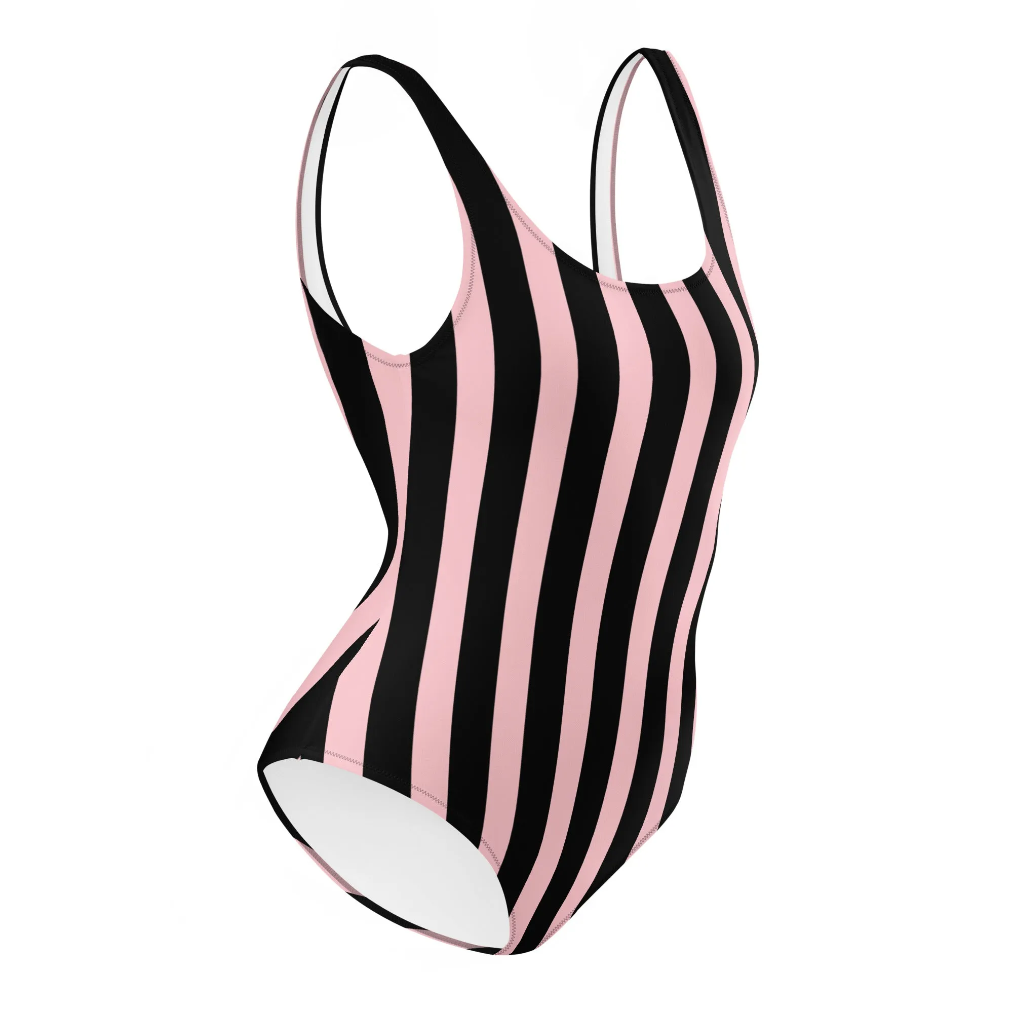 Pink Black Striped Swimwear, Striped Print Designer Classic Luxury 1-Piece Swimwear-Made in USA/EU