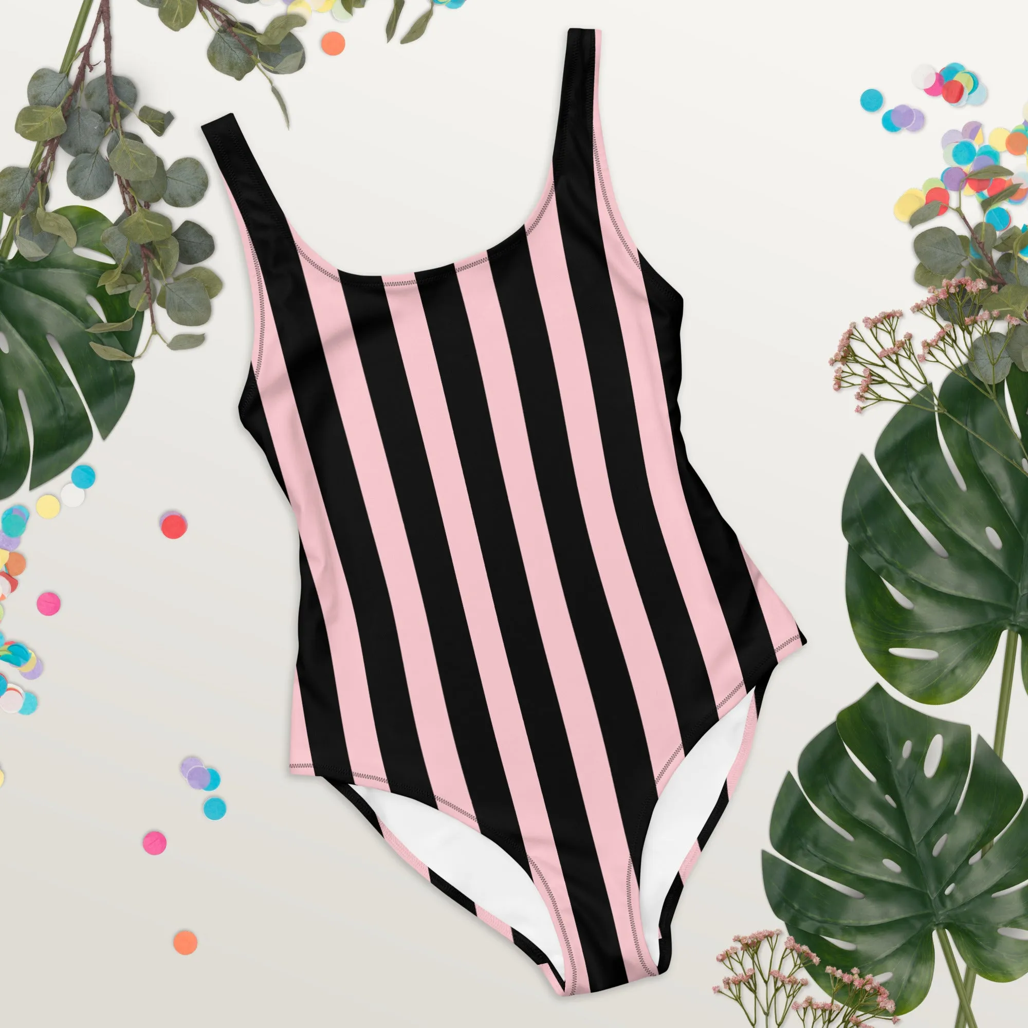 Pink Black Striped Swimwear, Striped Print Designer Classic Luxury 1-Piece Swimwear-Made in USA/EU