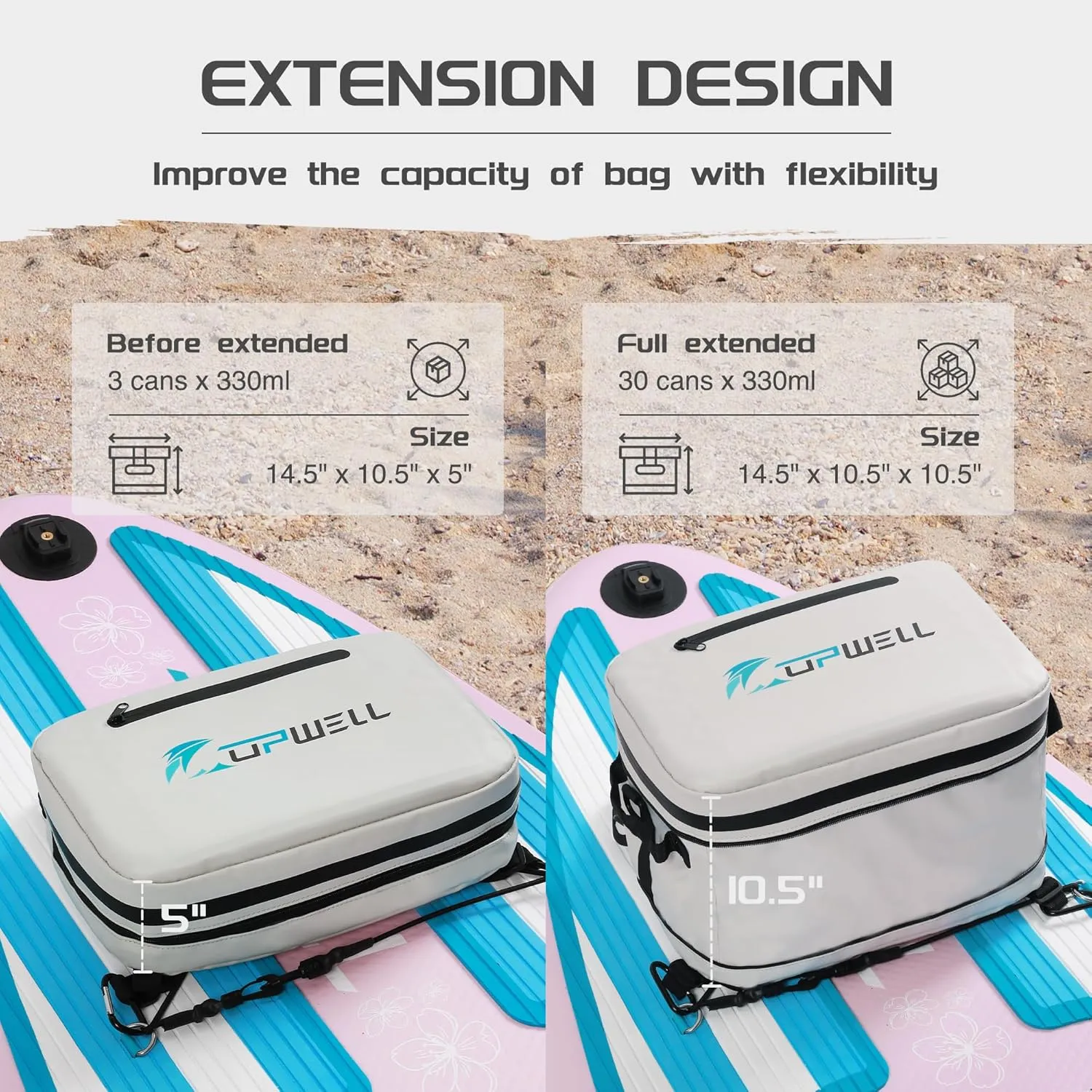 UPWELL Paddle Board Accessories - Waterproof SUP Cooler Deck Bag, PVC Dry Bag, 30 Cans Surf Kayak Cooler