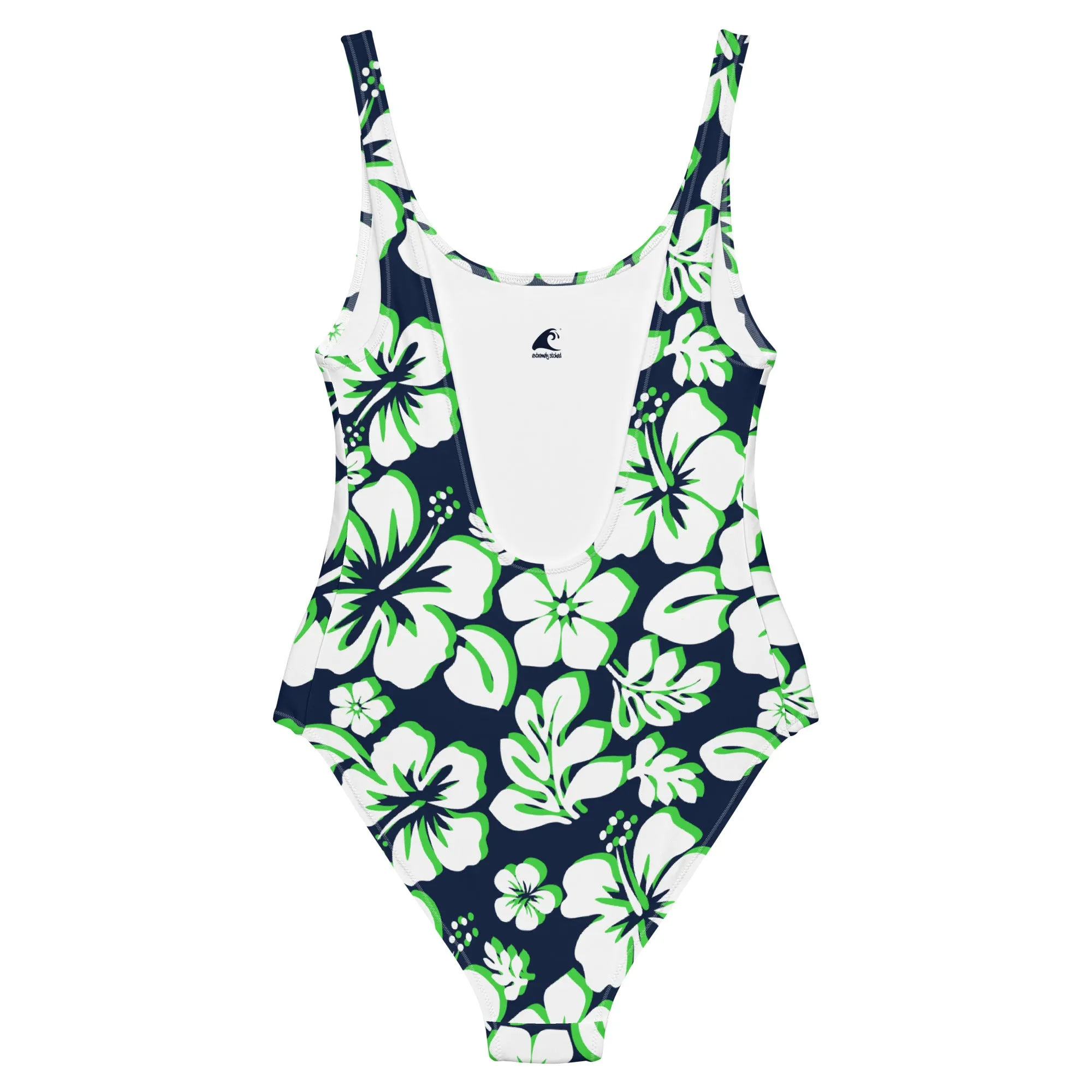 White and Lime Green Hawaiian Flowers on Navy Blue One Piece Swimsuit