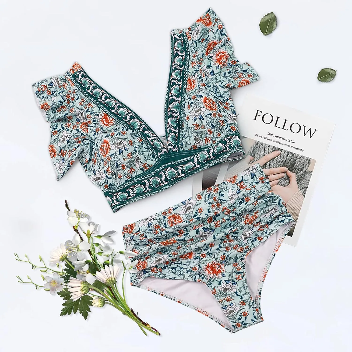 Women Ruffle High Waisted Swimsuit Two Piece Tropical Print Swimsuit Push Up Bathing Suit