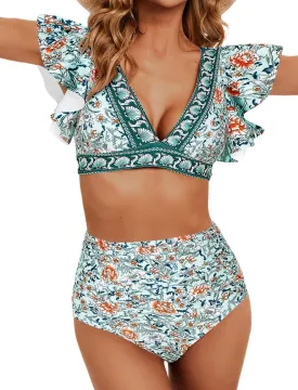 Women Ruffle High Waisted Swimsuit Two Piece Tropical Print Swimsuit Push Up Bathing Suit