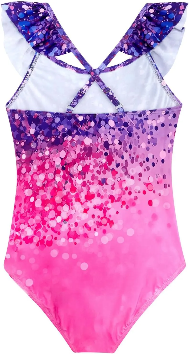 XiaoMoSha Girls Swimsuits Ruffled Round Neck One Piece Bathing Suits Quick Dry UPF 50  Summer Hawaii Swimwear for Kids 3-10T