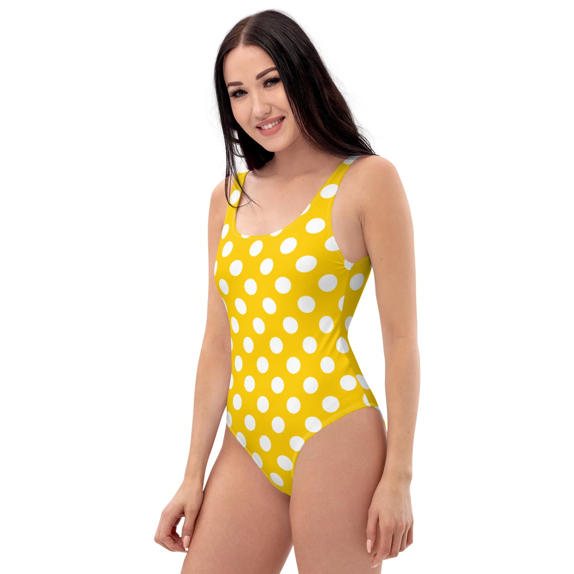 Yellow Polka Dots One Piece Swimsuit for Women, Cute Designer Swim Swimming Bathing Suits Body Swimwear