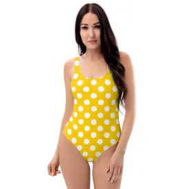 Yellow Polka Dots One Piece Swimsuit for Women, Cute Designer Swim Swimming Bathing Suits Body Swimwear