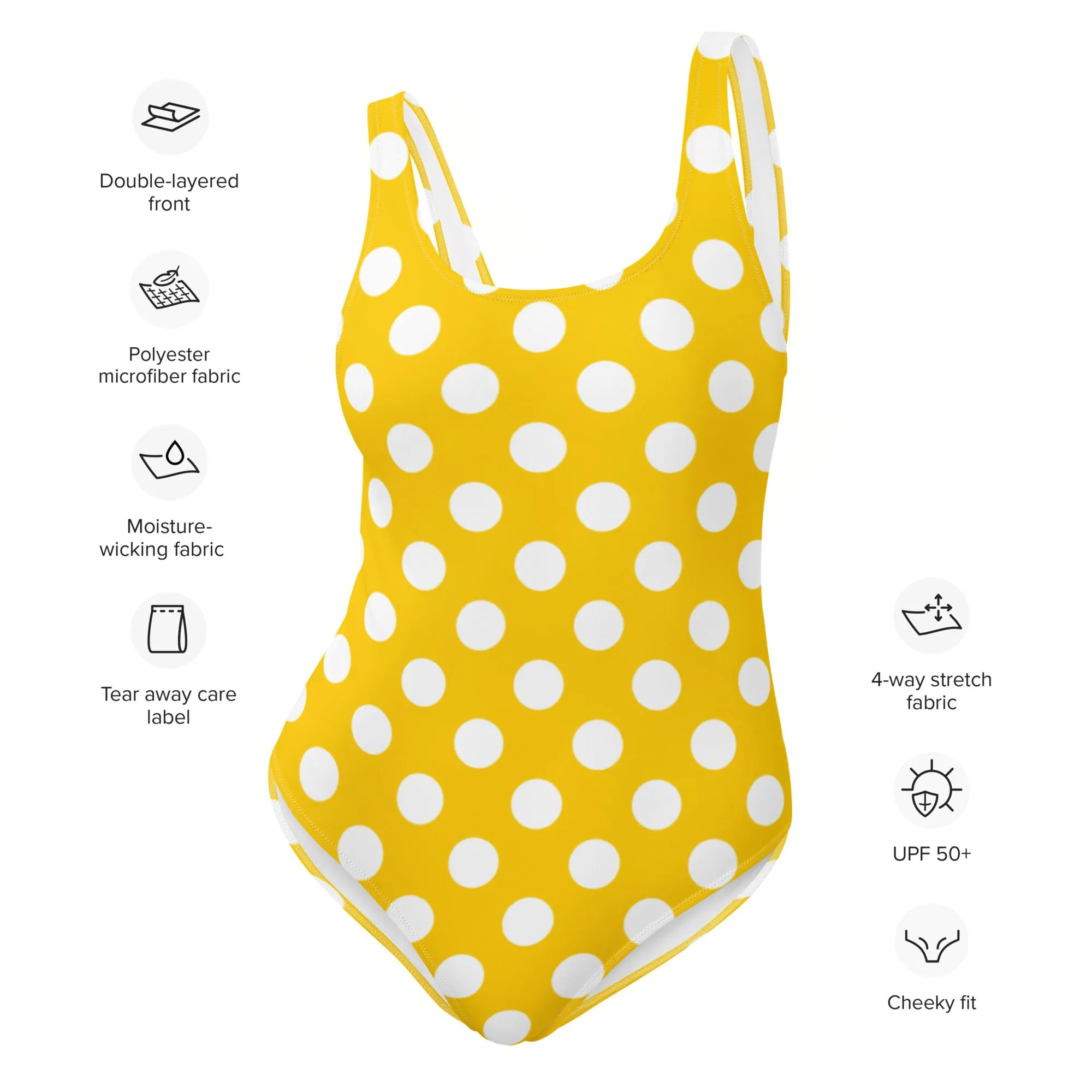 Yellow Polka Dots One Piece Swimsuit for Women, Cute Designer Swim Swimming Bathing Suits Body Swimwear