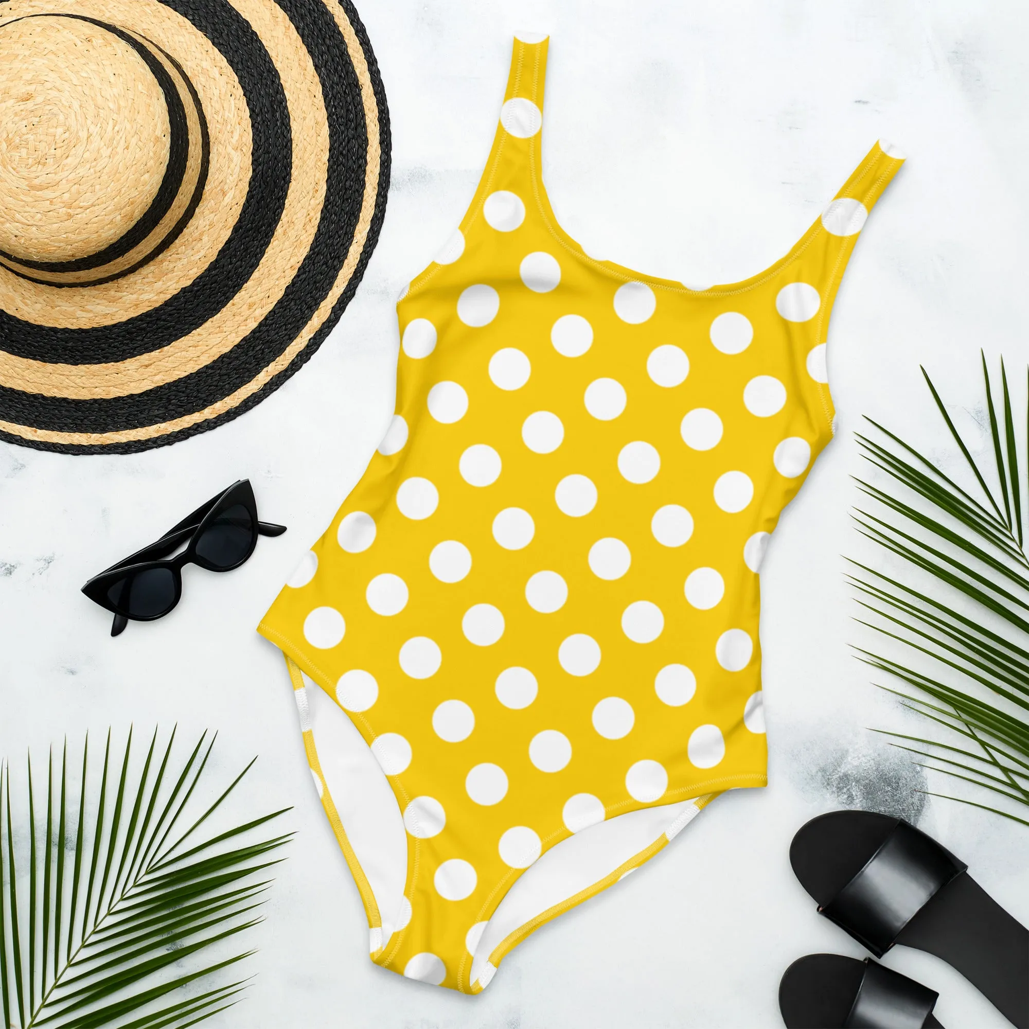 Yellow Polka Dots One Piece Swimsuit for Women, Cute Designer Swim Swimming Bathing Suits Body Swimwear