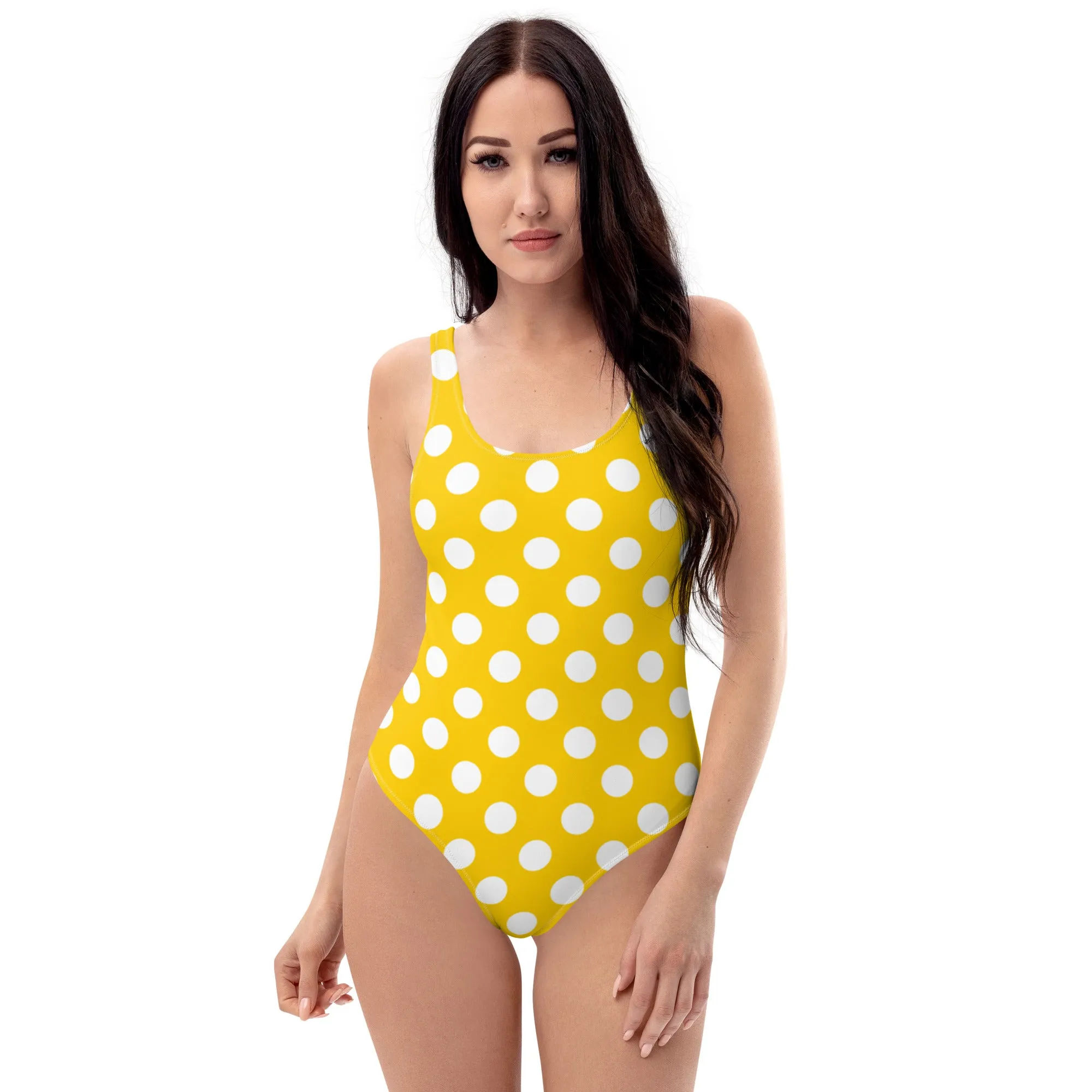 Yellow Polka Dots One Piece Swimsuit for Women, Cute Designer Swim Swimming Bathing Suits Body Swimwear